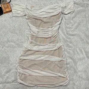 White body con dress off the shoulder ruched dress